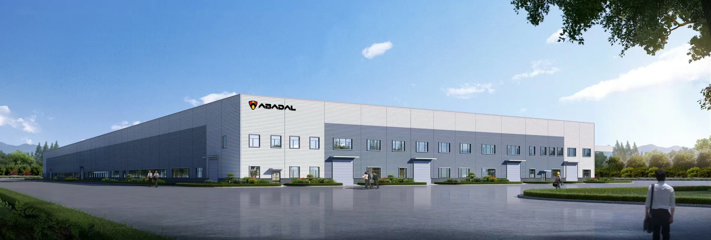 Render de la nueva fábrica ABADAL en Valls, Tarragona, con el logotipo en la fachada