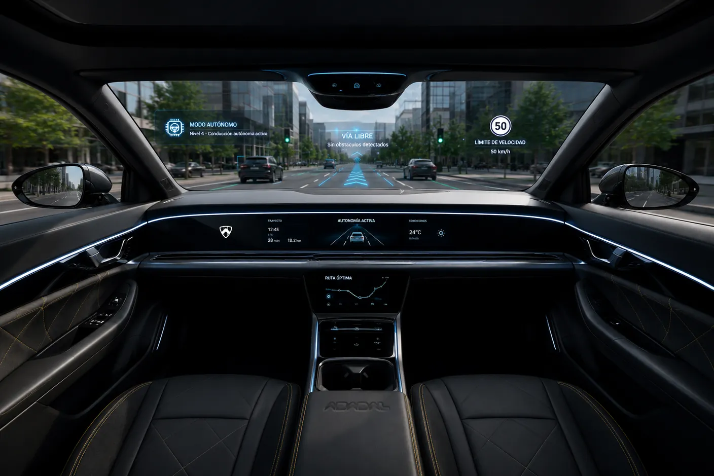 Interior futurista del ABADAL NOVO circulando por la ciudad en modo de conducción autónoma